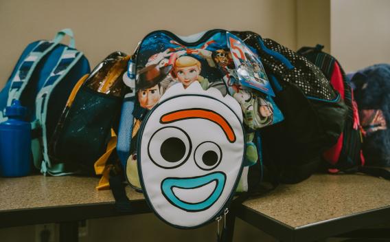 Donated backpacks at Children's Services office in Banning.